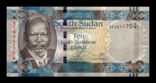 South Sudan banknote, 2011; features a portrait of John Garang
