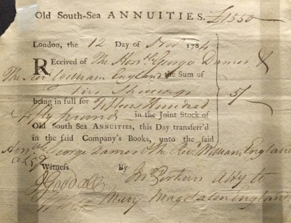 South Sea annuities share certificate London, 1784