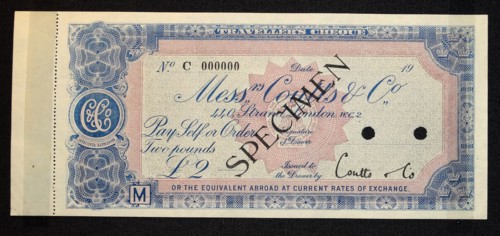 Traveller’s cheque, for two pounds, issued in London by Coutts & Co, 1970s