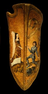 French medieval shield. Depicts a lady wearing a Flemish pointed headdress and a young knight. About 1475-1500
