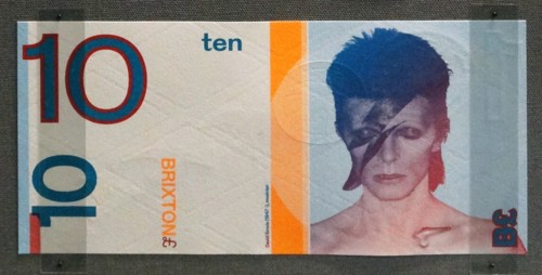 musician David Bowie, appears on a Brixton ten pound banknote, London (UK), 2011