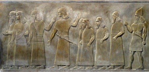 Wall frieze depicting a triumphal march. Assyrian, about 865-860 BC From Nimrud, Iraq.