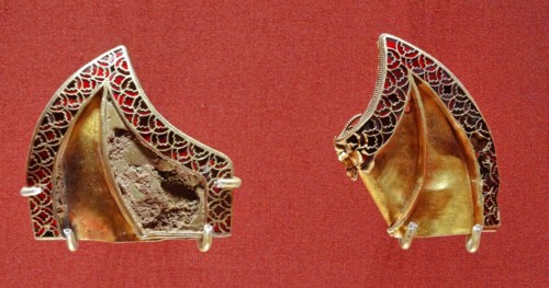 Anglo Saxon metalwork; 5th-6th Century AD. Pair of mounts, decorated with cloisonné