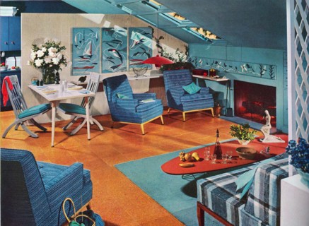 1955 Interior of an American, designer house living room.