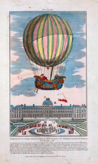 Jacques Alexandre César Charles and Marie-Noël Robert riding in the gondola of a balloon ascending from the Tuileries Garden, Paris, France, December 1, 1783 in the first hydrogen balloon flight.