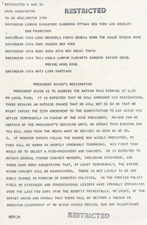 telegram to US Embassies announcing the resignation of US President Richard Nixon in 1974