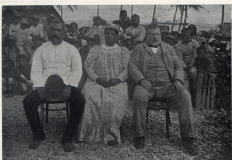 Photograph of Prime Minister of New Zealand Richard Seddon and wife Mrs. Seddon with the King and Queen of Mangaia