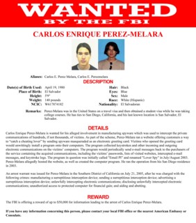 Wanted notice issued by the FBI for Carlos Enrique Perez-Melara