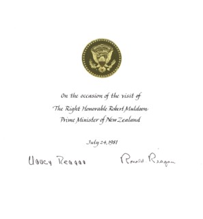 A certificate commemorating Prime Minister Robert Muldoon's visit with President Ronald Reagan and First Lady Nancy Reagan