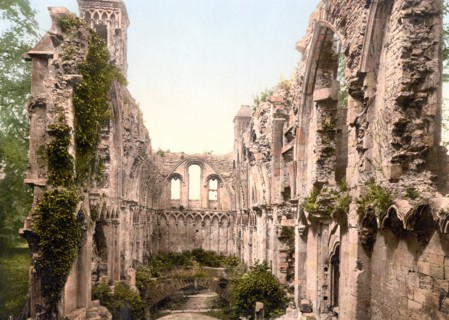 Colour photomechanical print of the ruins of St Joseph's Abbey, Glastonbury, England
