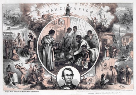 Illustration commemorating the 1965 emancipation of Southern slaves and the end of the American Civil War,
