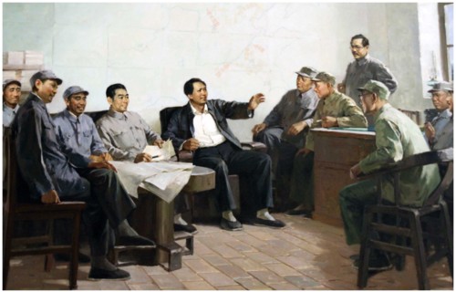 Painting of Mao Zedong, the revolutionary. With other leaders including Zhou enlai and Linbiao and Deng Hsiao Ping