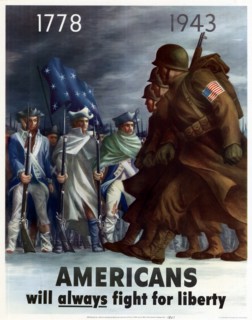 Patriotic poster titled 'Americans will always fight for liberty' by Bernard Perlin