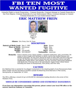Top Ten Most Wanted notice issued by the FBI for Eric Matthew Frein