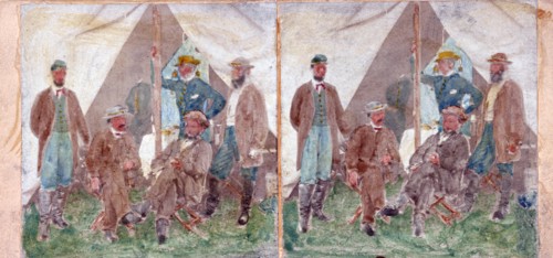 Stereograph showing a group at Secret Service headquarters at Antietam, during the American Civil War 1862