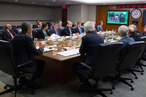 US president Obama has a video conference call with Iraqi leaders in 2014 in the situation Room at the White House