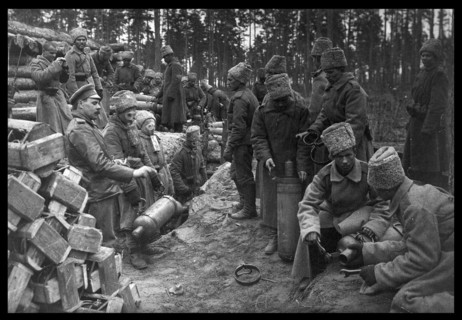 Russian soldiers prepare for a gas attack against German positions, during world war one in 1916