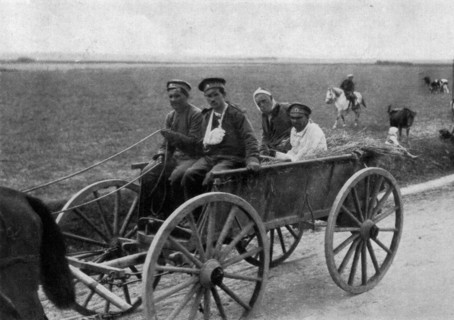 Russian soldiers taken from a battle font, for treatment , during world war one in 1915