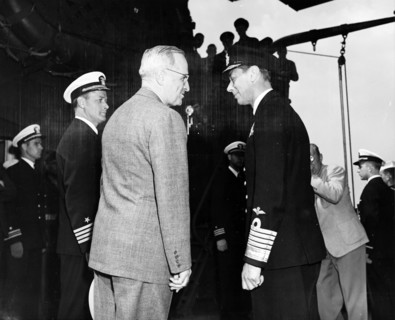 US President Harry Truman and King George VI, aboard USS Augusta, Plymouth, England 1945