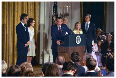 President Richard Nixon announces his resignation as President, following the Watergate scandal
