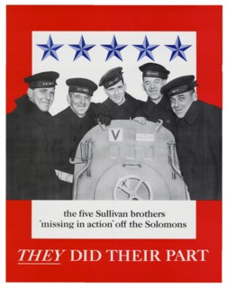 Patriotic American war poster concerning five brothers missing in action, during World war Two. 1943