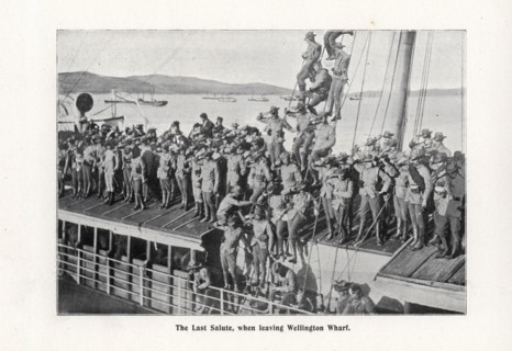 The Last Salute, when leaving Wellington Wharf, New Zealand for the boer war in South Africa 1900