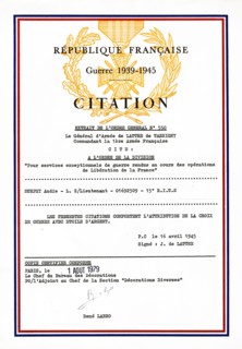 Certificate confirming the award to Audie Murphy by France, of the Croix de guerre