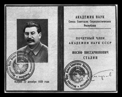 Membership document from 1939, showing Soviet leader Josef Stalin as a honorary member of the Academy of Sciences of the Soviet Union