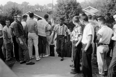 African-american student is jeered as he tries to enter school in Clinton, Tennasee, USA,