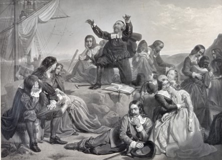 Illustration of the departure of the pilgrim fathers, for America