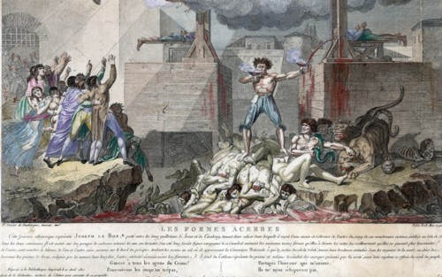 Joseph Le Bon, as a shirtless, crazed madman, standing on a pile of decapitated bodies between two guillotine