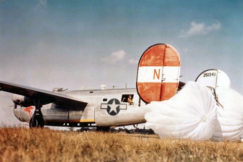 Photograph of B-24H Liberator “Pegasus The Flying Red Horse” of the 784th Bomb Squadron landing at RAF Attlebridge, Norfolk