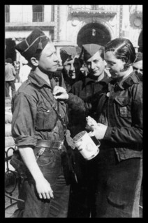 Photograph of a young woman collecting for the Nationalist armies in Salamanca