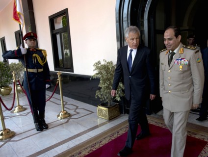 Photograph of United States Secretary of Defense Chuck Hagel meeting with Egyptian Defense Minister Abdel Fattah Saeed Al Sisi in Cairo