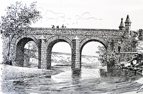 Engraving depicts the Bridge of the Common over the Funza River or Bogotá River, Province of Bogotá