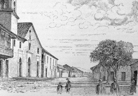 Engraving depicts the Parish Church and old cass of the Viceroys in Bogotá