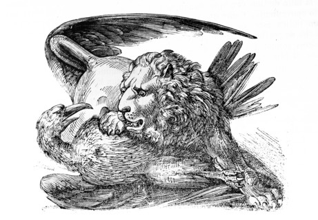 Engraving of a Lion attacking a vulture