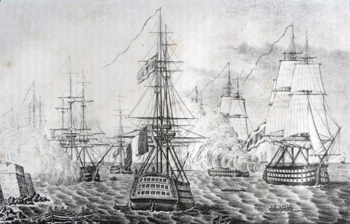 Engraving depicts the surrender of the French fleet anchored in Cadiz