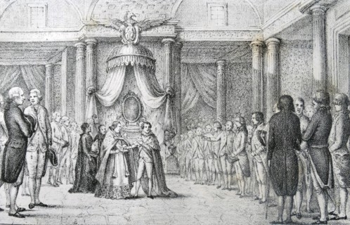 Illustration depicting King Joseph Napoleon swearing on the Constitution of Bayonne