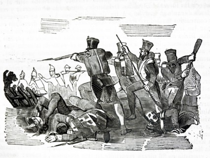 Engraving depicting the battle of Viveiro, Spain