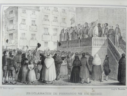 Engraving depicting the proclamation of Ferdinand VII of Spain in Madrid