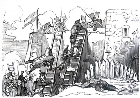 Engraving depicting the assault on Monjuich during the Peninsular War