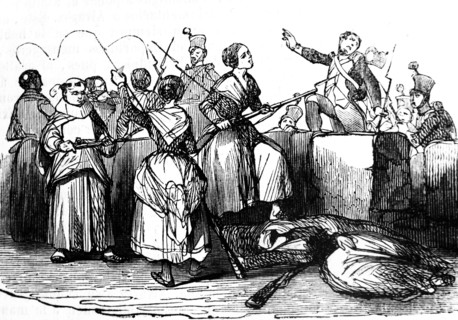 Engraving depicting a company of Gerona women rejecting the French in the wall