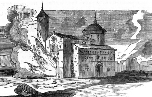 Engraving depicts the burning of San Juan de la Peña