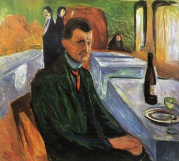Painting titled 'Self Portrait in a Wine Bottle' by Edvard Munch