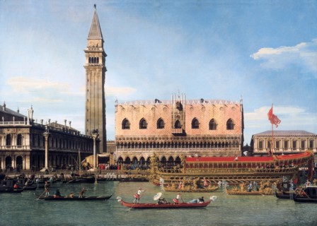 Painting titled 'The Bucintoro at the Molo on Ascension Day' by Giovanni Antonio Canal