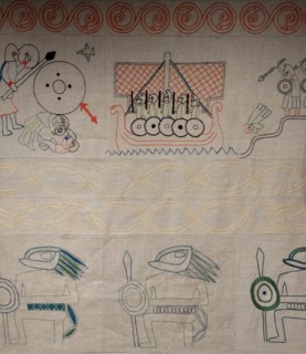 Anglo-Saxon (recreation) wall hanging showing ships and soldiers, English 8th Century