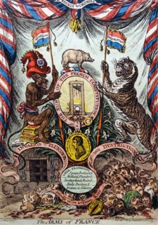 Hand-coloured etching titled 'The Arms of France' by James Gillray