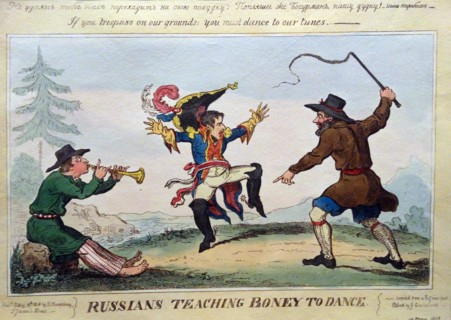 Hand-coloured etching titled 'Russians Teaching Boney to Dance' by Ivan Ivanovitch Terebenev