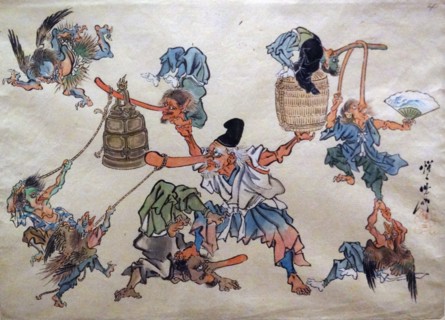 Painting titled 'Tengu harassing King S?j?b?' by Kawanabe Ky?sai
